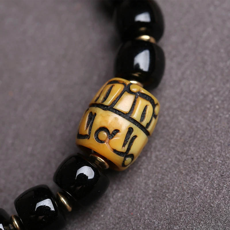 Black agate bracelet with beads, vintage bone peace, ivory peach, monkey bodhi, gourd accessories - view 4