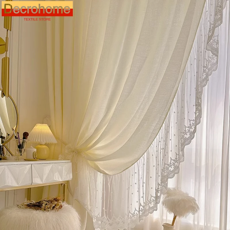 

Cream Beige Chiffon Ruffles White Lace Embroidered Screen Window Curtains for Living Room Bedroom French Window Balcony Window