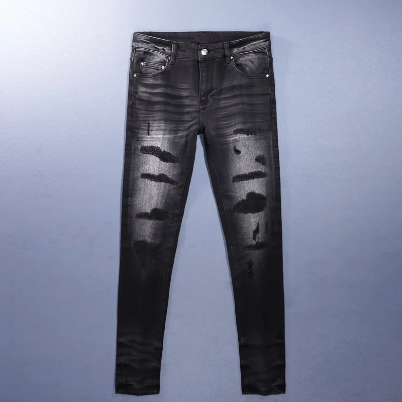 

Модные новые мужские джинсы высокого качества с потертостями, складками, эффектом потертости, в винтажном стиле, эластичные, облегающие, черные, в стиле хип-хоп.