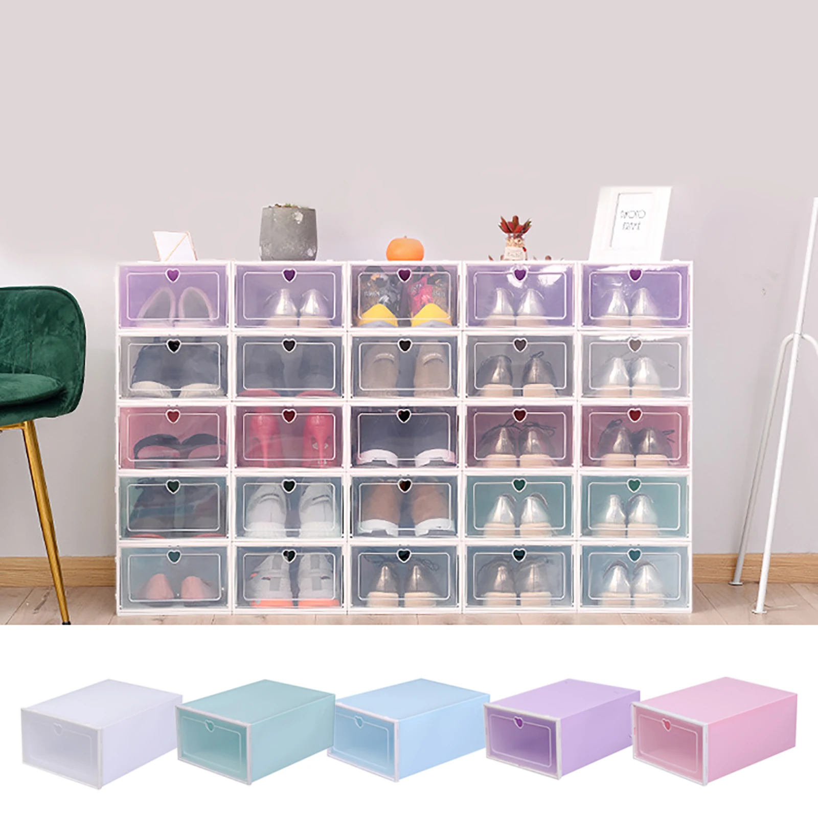 20Pcs Foldable Shoe Box Storage Cases Boxes Drawer Transparent Container Stackable Shoe Storage Boxes PP Plastic w/Lids