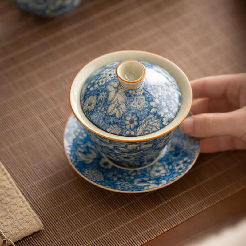 Ruyao Hundred Flowers Pattern Blue Sancai Gaiwan Retro Kungfu Tea Bowl Tea Cup Set Tea Infuser Tool Teaware Suit
