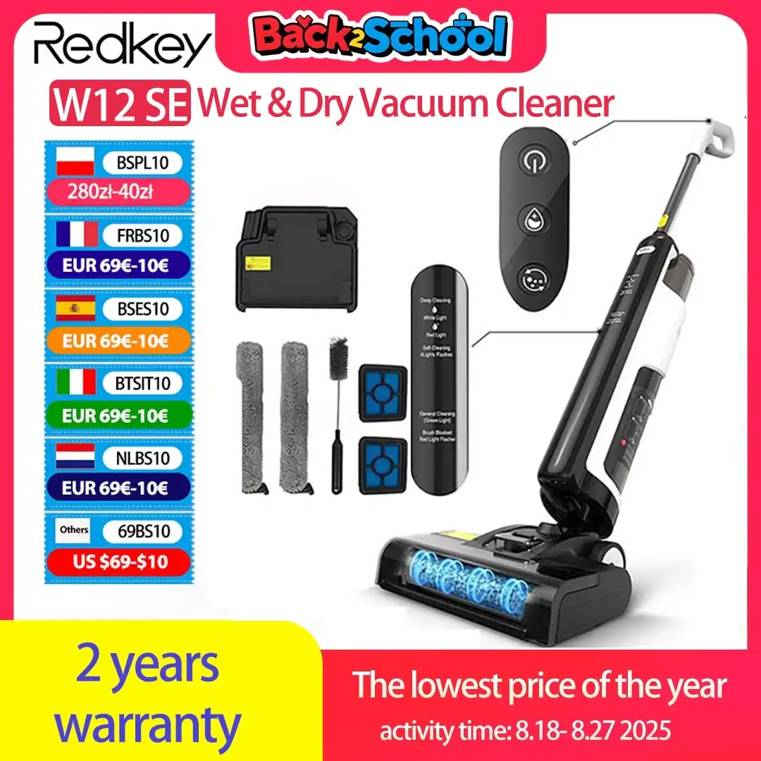 【Code:BTSIT10】Redkey W12 SE Aspirapolvere asciutto e bagnato senza fili Aspirapolvere wireless intelligente multisuperficie Lavapavimenti Asciugatura autopulente per la casa