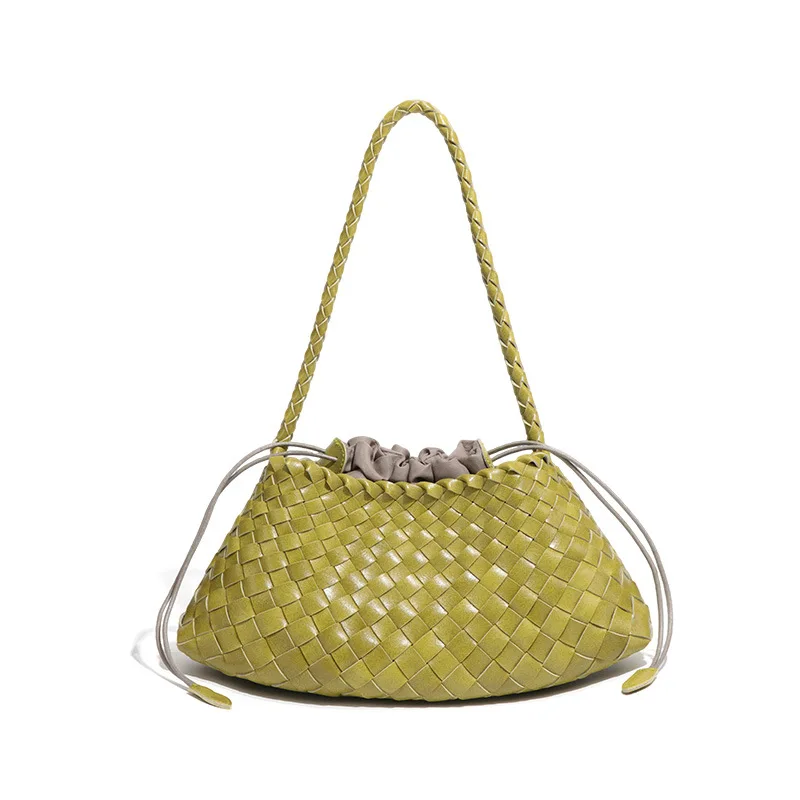 Luxury Soft Leather Handbag Handmade Intrecciato Woven Shoulder Armpit Bag Elegant Drawstring Tote Bag for Women Daily Dating
