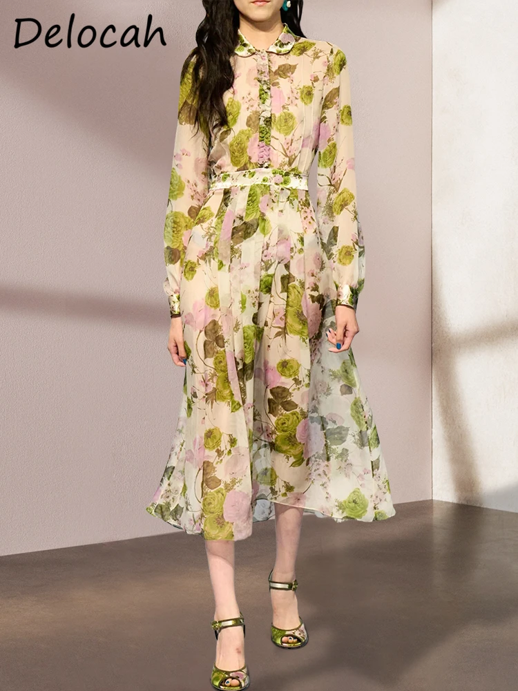 Delocah-Vestido largo de primavera para mujer, vestido drapeado de manga larga con cinturón, estampado Floral