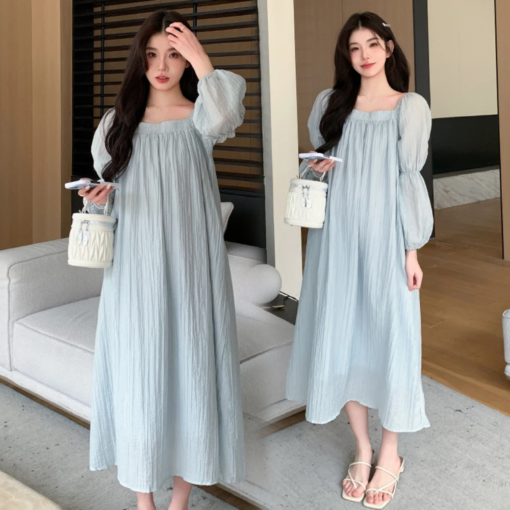 Pregnancy Clothes 2024 Early Spring French Gentle Square Neck Pregnancy Dresses Blue Loose Covering Belly Maternity Dresses