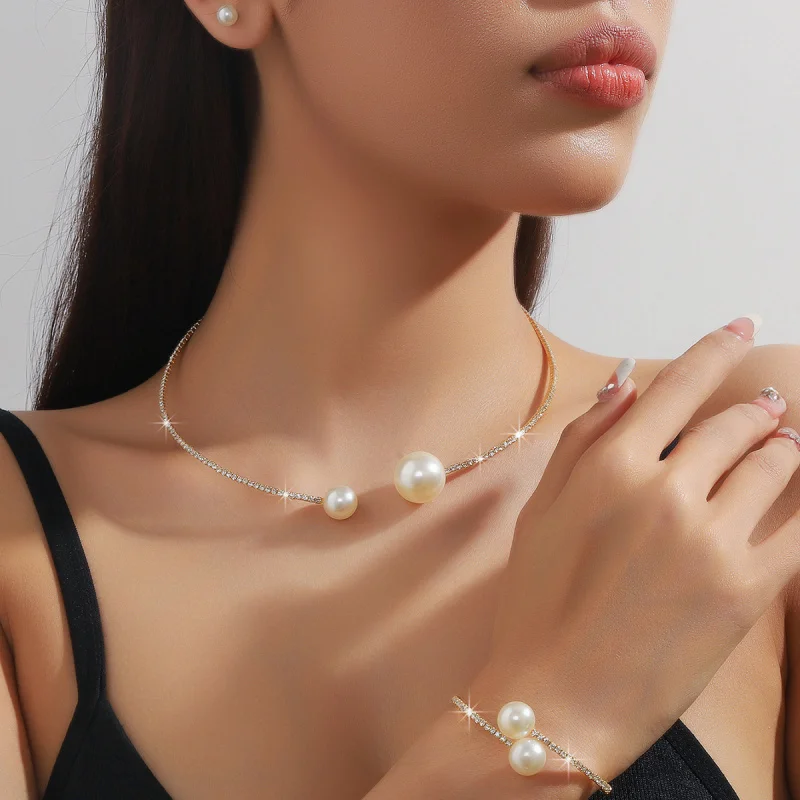 

Wedding Jewelry Evening Dress Simple Accessories Pearl Inlaid Diamond Crystal Adjustable Choker Necklace Bracelet Three-Piece Se