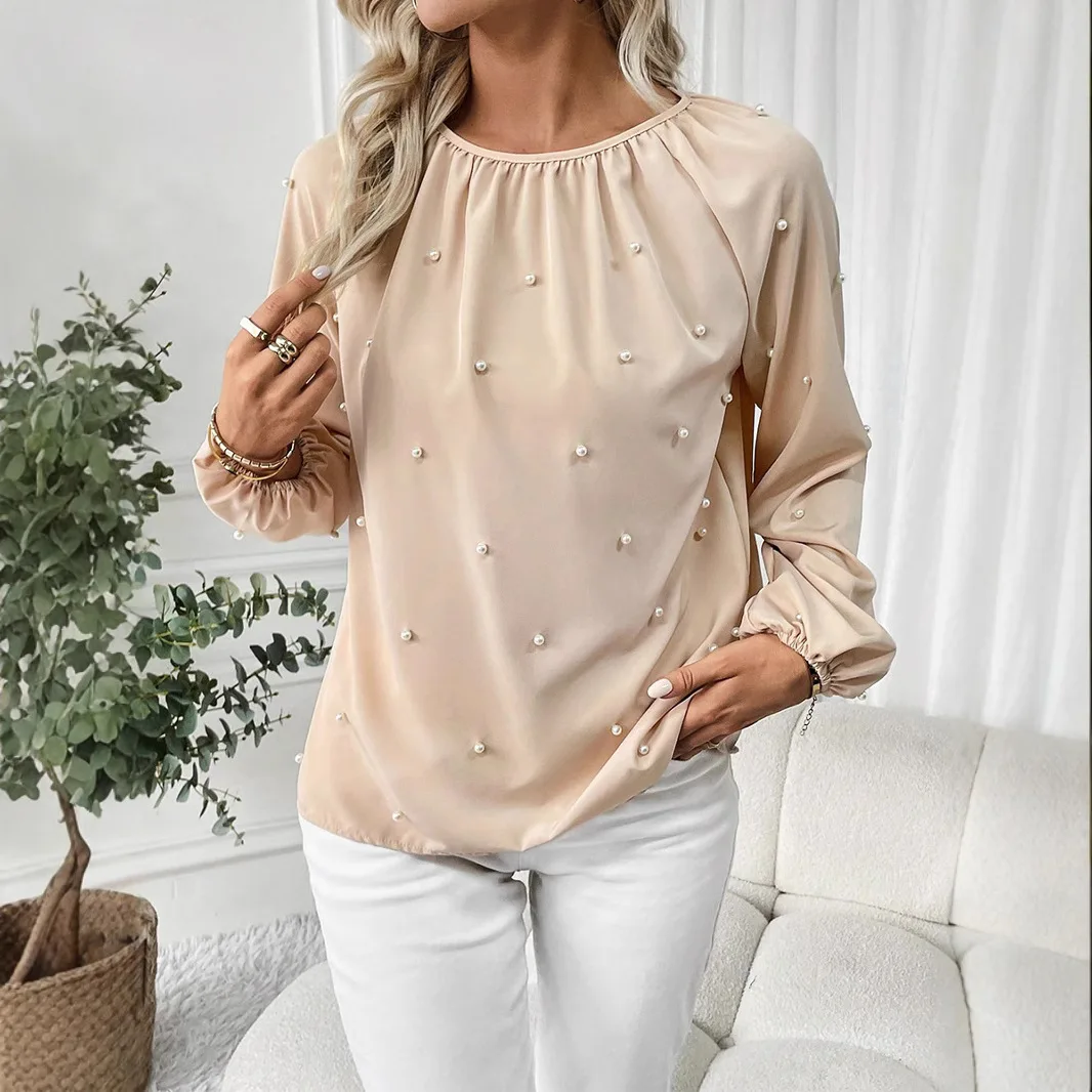 2026 New Women Beige Pearl Decor Long Sleeve Blouse, Round Neck Gathered Neckline Puff Sleeve Loose Casual Dressy Shirt Top