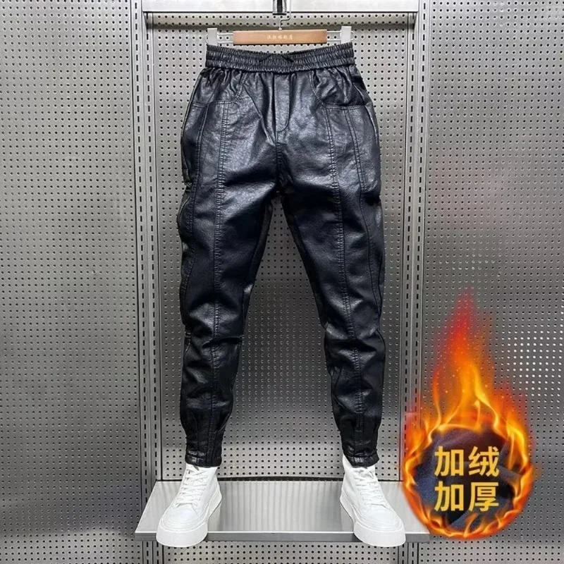 

Autumn Winter Men's Velvet Thickened Windproof Waterproof Leather Pants Outdoor Motorcycle Riding PU Slim-fitting