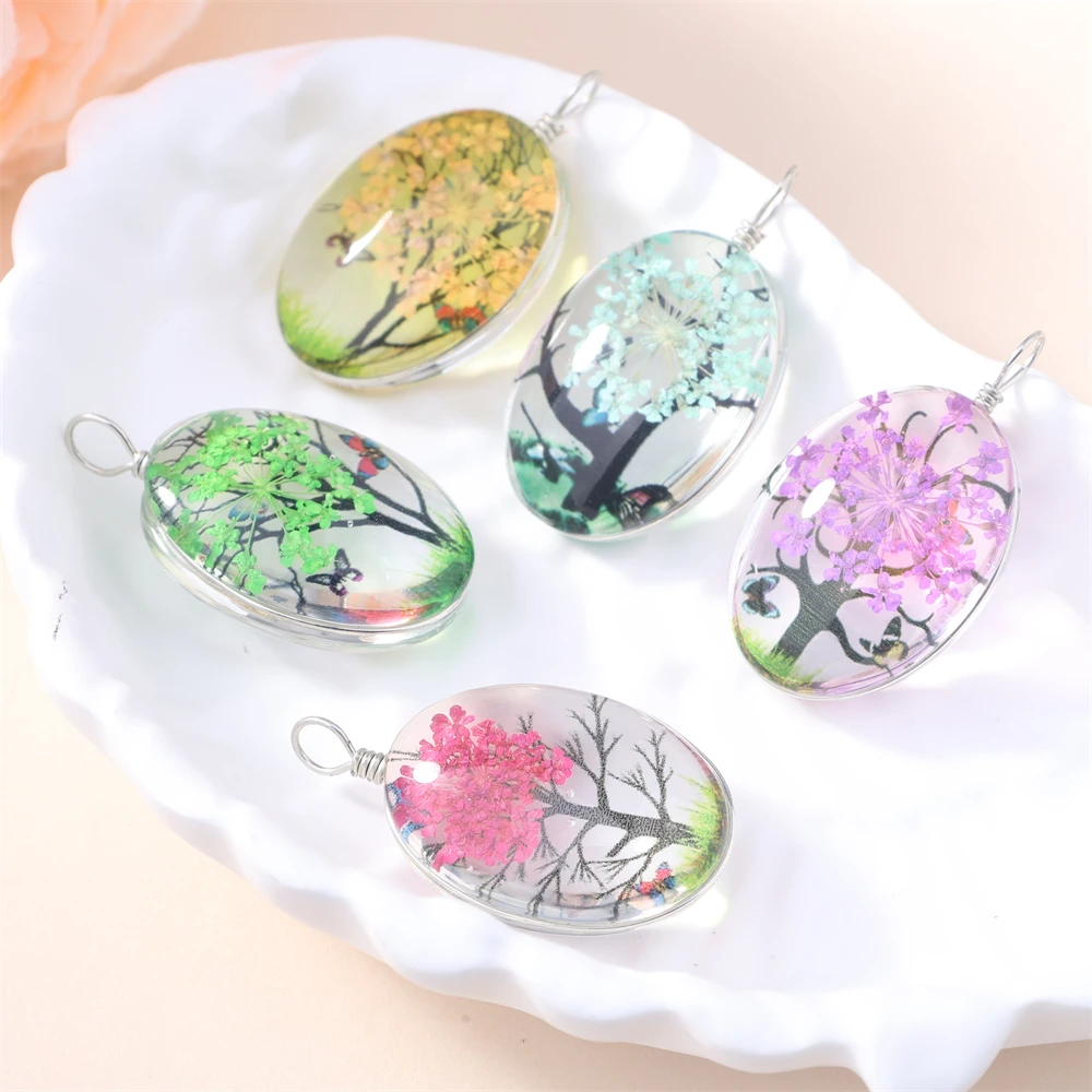 5Pcs Time Gemstone Starry Dried Flower Pendant Round Dried Flower Glass Pendant DIY Necklace Pendant Jewelry Accessories