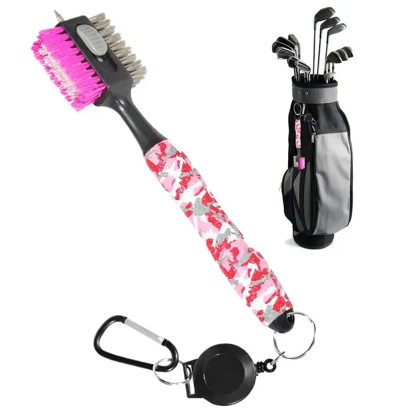 

Golf Club Brush Camouflage Color Golf Club Brush Double-Sided Cleaning Brush Nylon Steel Bristle Brush with Carabiner for Women