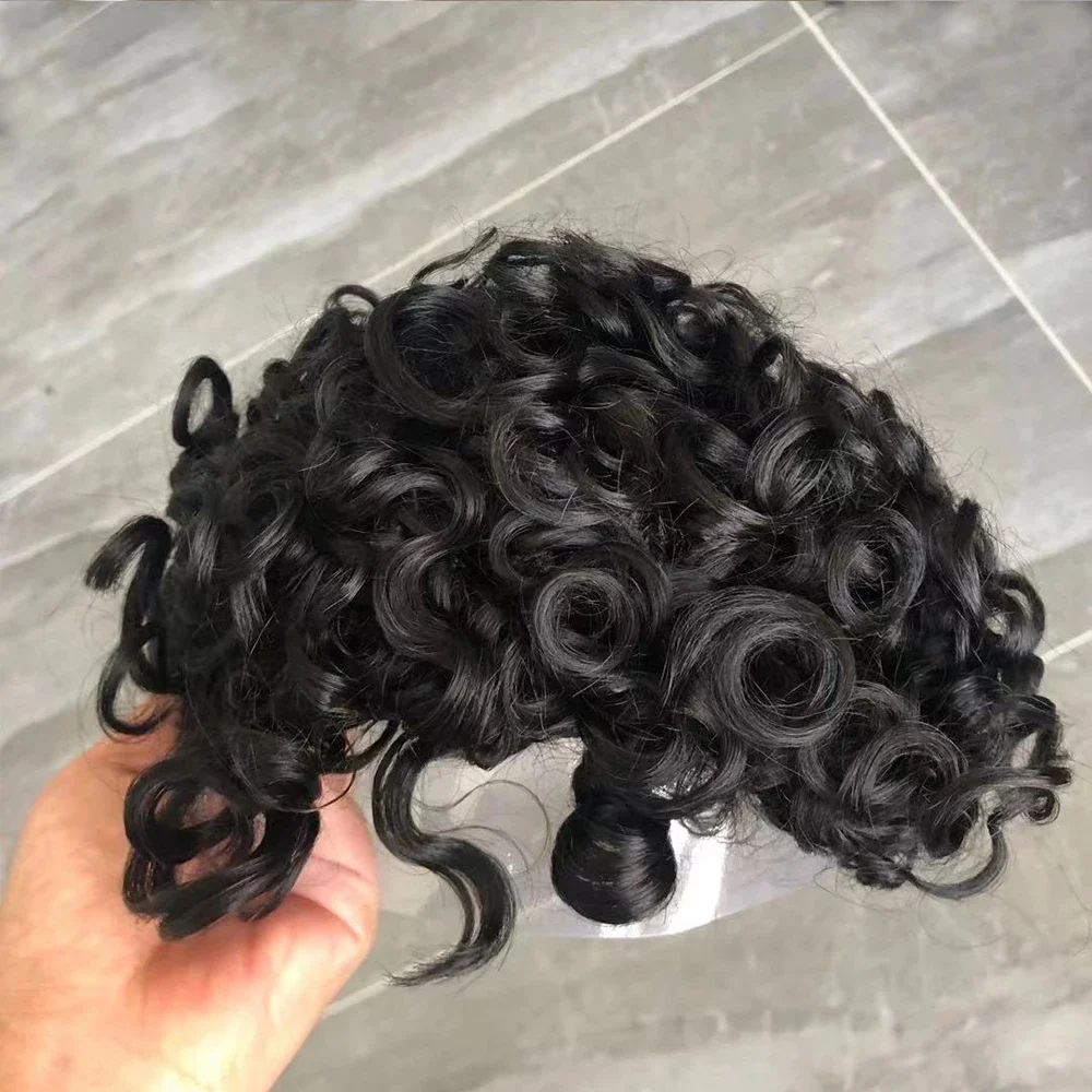 เส้นผมธรรมชาติ 20 มม.Afro Curly 100% วิกผมมนุษย์ผู้ชาย Toupee ผิวบาง PU Capillary prosthesis เปลี่ยนระบบวิกผมชาย