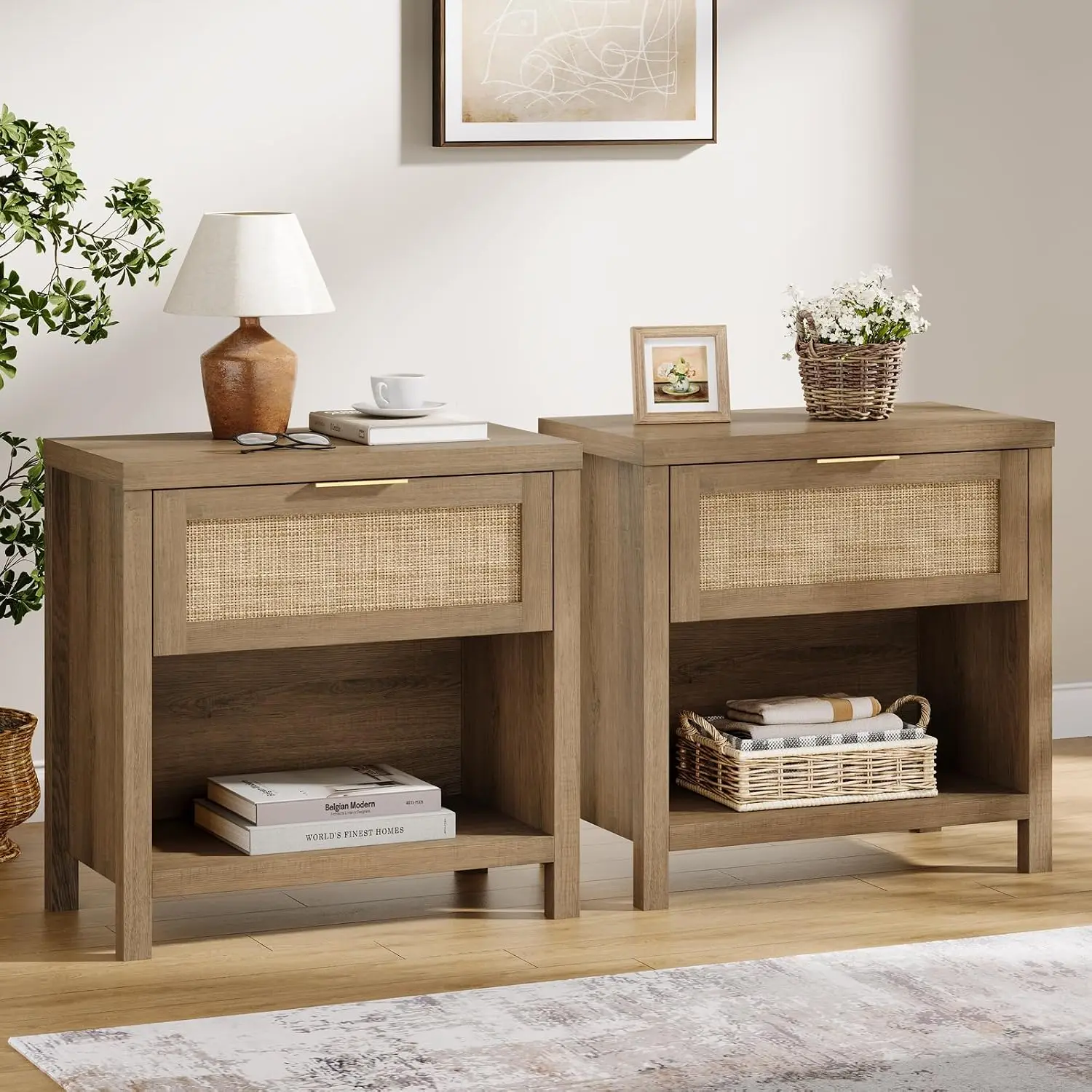 Large Rattan Nightstand Set Of 2 With Drawer & Storage Shelf, Customized