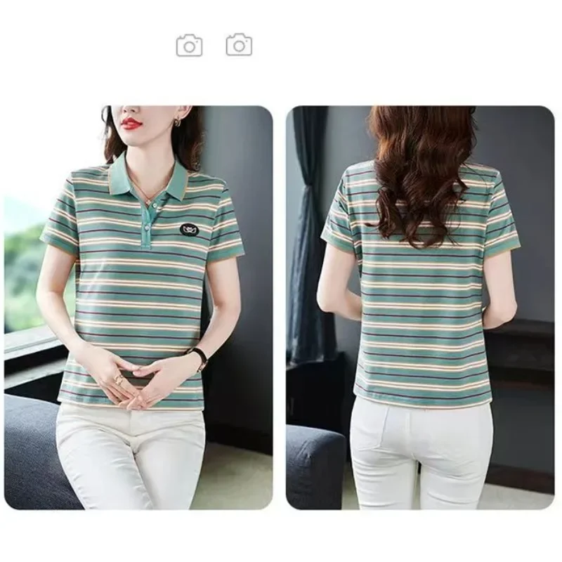 2023 New Turn-down Polo Collar Striped Short Sleeve T-shirt Women\'s Summer Loose Patchwork Embroidery Button Fashion Tops