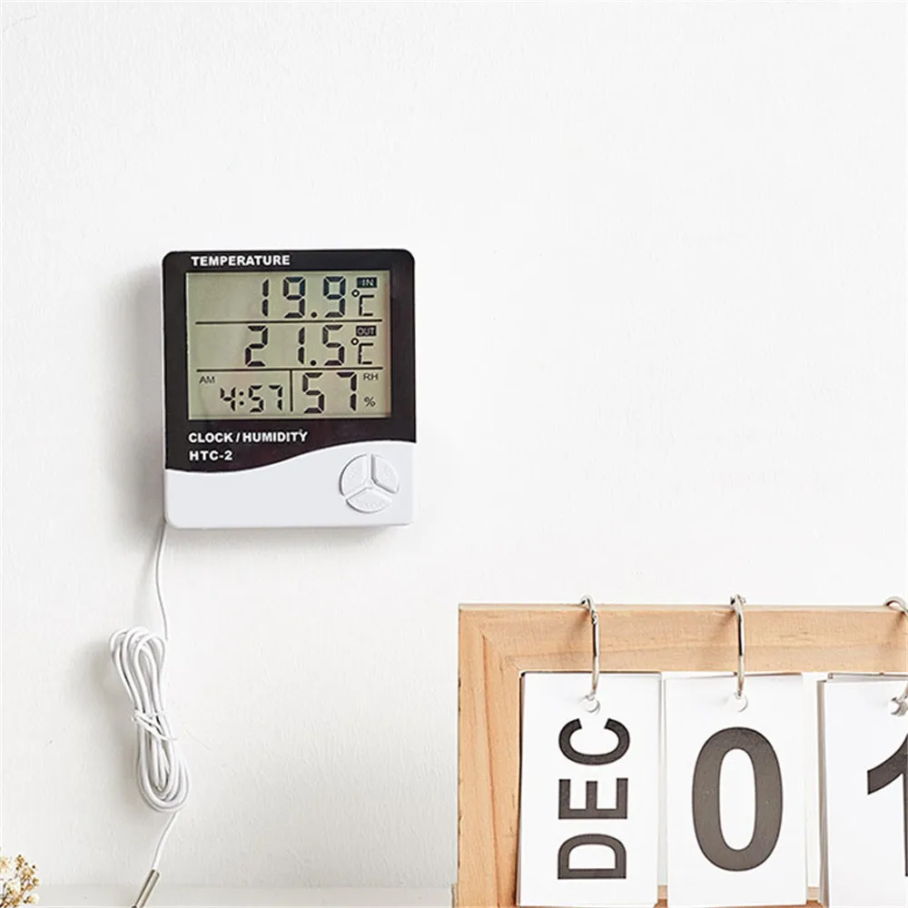 LCD Digital Temperature Humidity Meter HTC-2 Home Indoor Outdoor hygrometer thermometer Weather Station with Clock