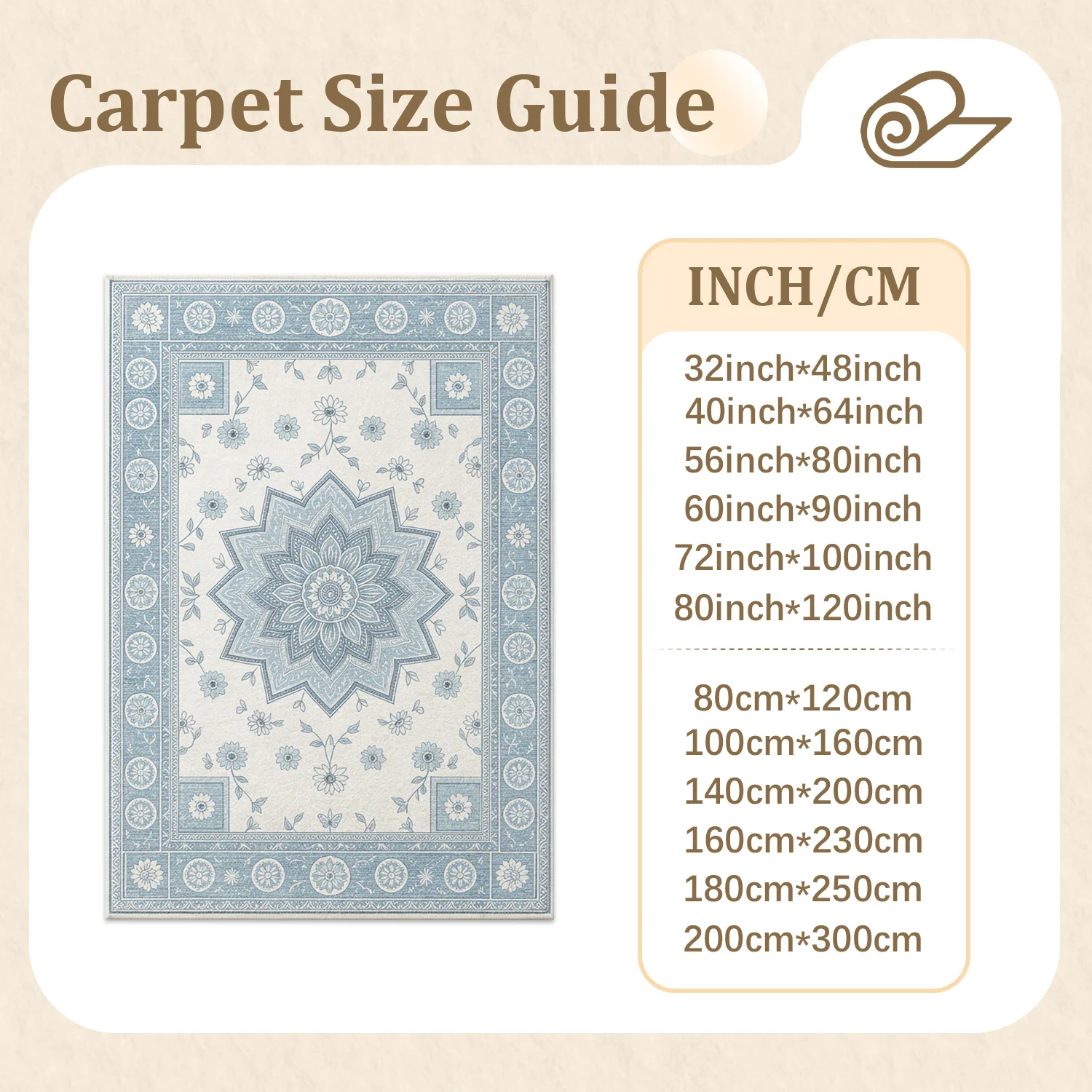 Blue White Floral Mandala Pattern Area Rug, Velvet Material, Machine Washable, Stays Firmly in Place, Suitable for Living Room, Bedroom, Dining Room, Perfect for Halloween, Thanksgiving, Black Friday, Cyber Monday, Christmas, New Year Decoration