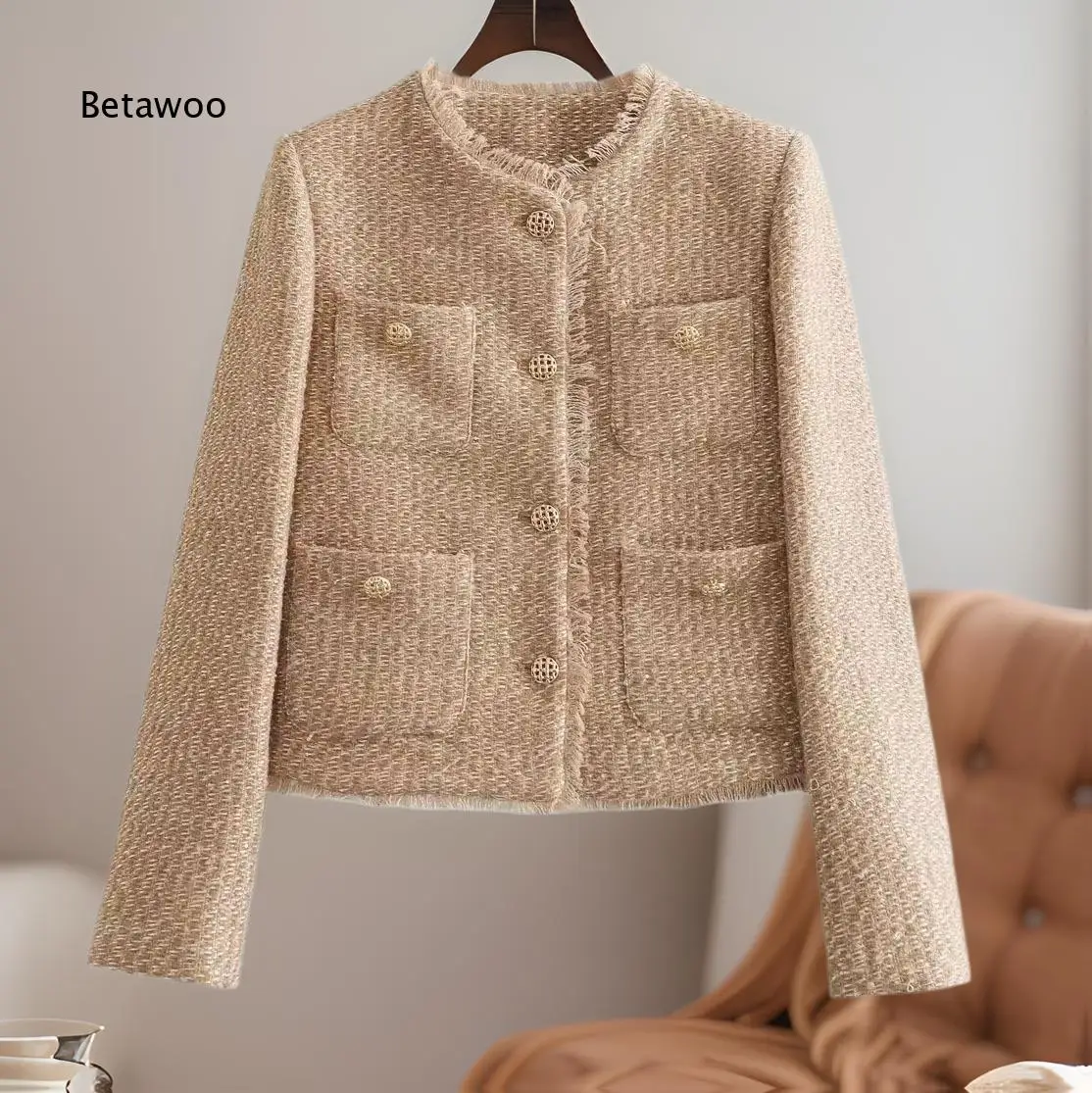 Women Solid Color Short Outerwear Coarse Textured Fabric Round Neck Casual Jacket With Pocket Details For Autumn Daily Wear And