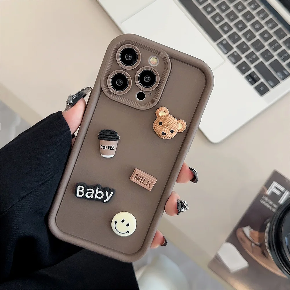 Cute 3D Bear Coffee Milk Candy Liquid Phone Case For iPhone 11 13 12 14 15 Pro Max Plus XR XS Korean Cartoon Cover