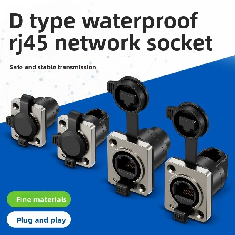 10 piece RJ45 IP65 Waterproof Network Connector with Rubber cover 8p8c D type Panel Mount Socket RJ45 Ethernet Connector