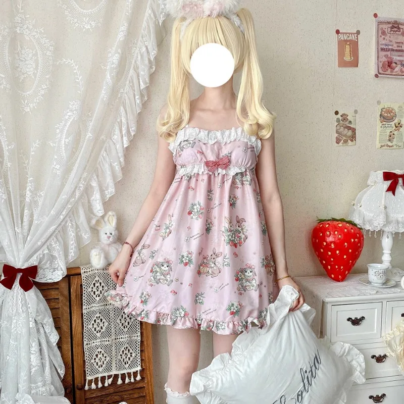 Kawaii Cute Lolita Style Strap Pajamas Women Sweet Ruffles Bow Bunny Flower Print Nightgowns Mini Dresses Girls Y2k Sleepshirts