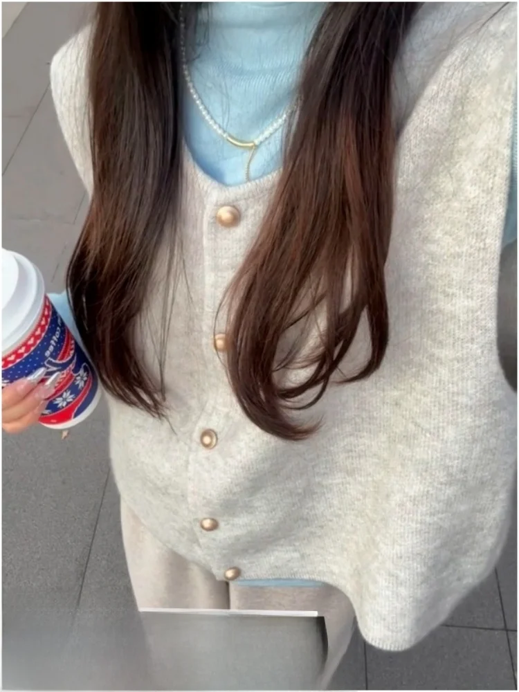 Sleeveless Knitted Open Cardigan Outerwear Women's Autumn Winter Fashion Design Vintage Small Gold Button Apricot Vest Top