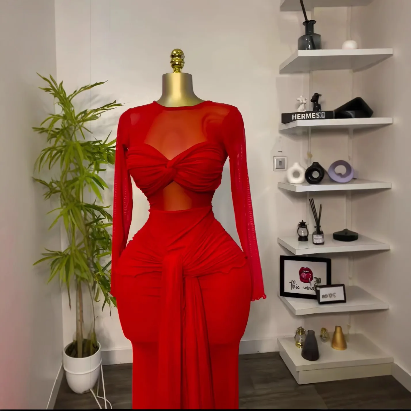 

2025 New Solid Color Long-sleeved Round Neck Chest Wrap Tight Temperament Long Dress European and American Women's Clothing