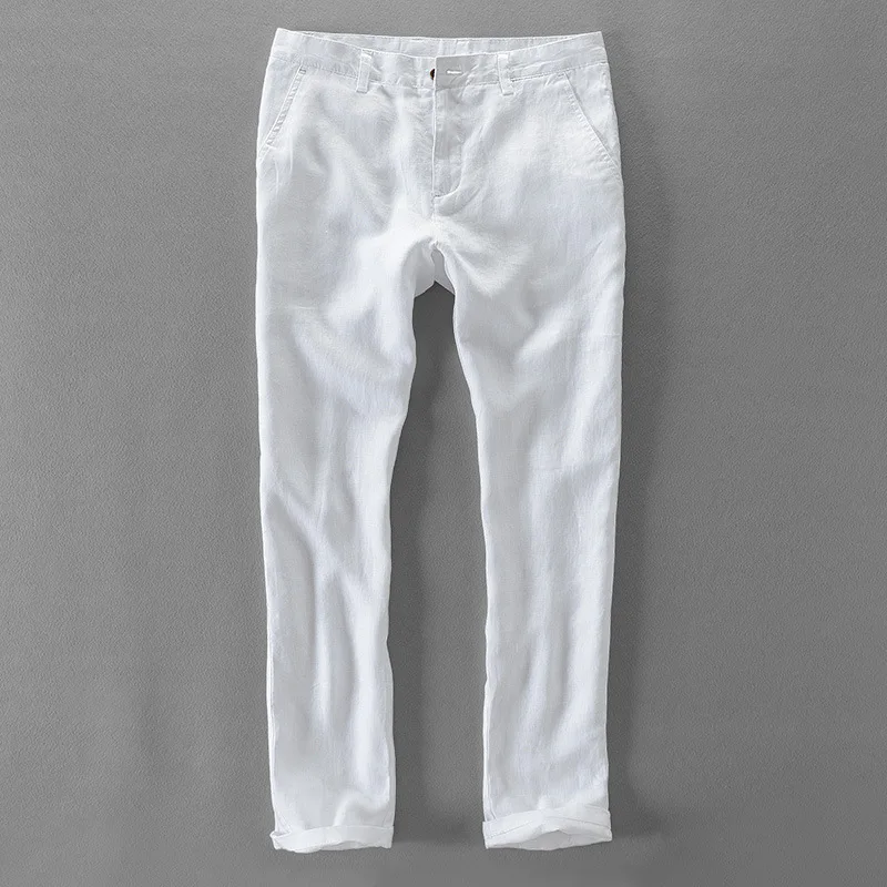 Pantalones informales de lino puro para hombre, pantalón largo de marca, moda de negocios, 100%
