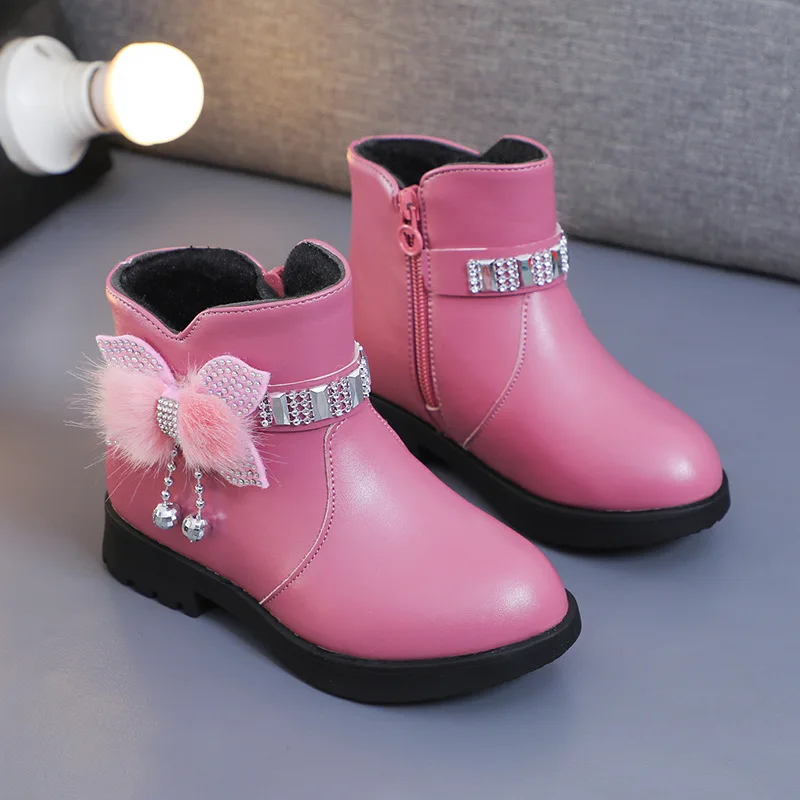 New Girl Winter Fleece PU Leather Boots Children with Bows Non-Slip Soft Sole Short Boots Kids Casual Comfortable Mid-Calf Boots