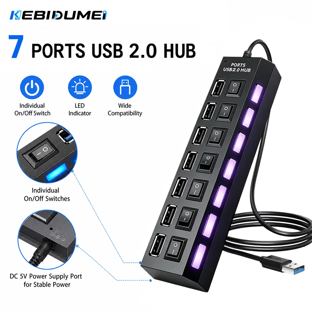 KEBIDUMEI USB HUB with Individual OFF/ON Switch 7 Ports USB Splitter with Indicator OTG Adapter for KeyMouse Laptop Macbook Pro