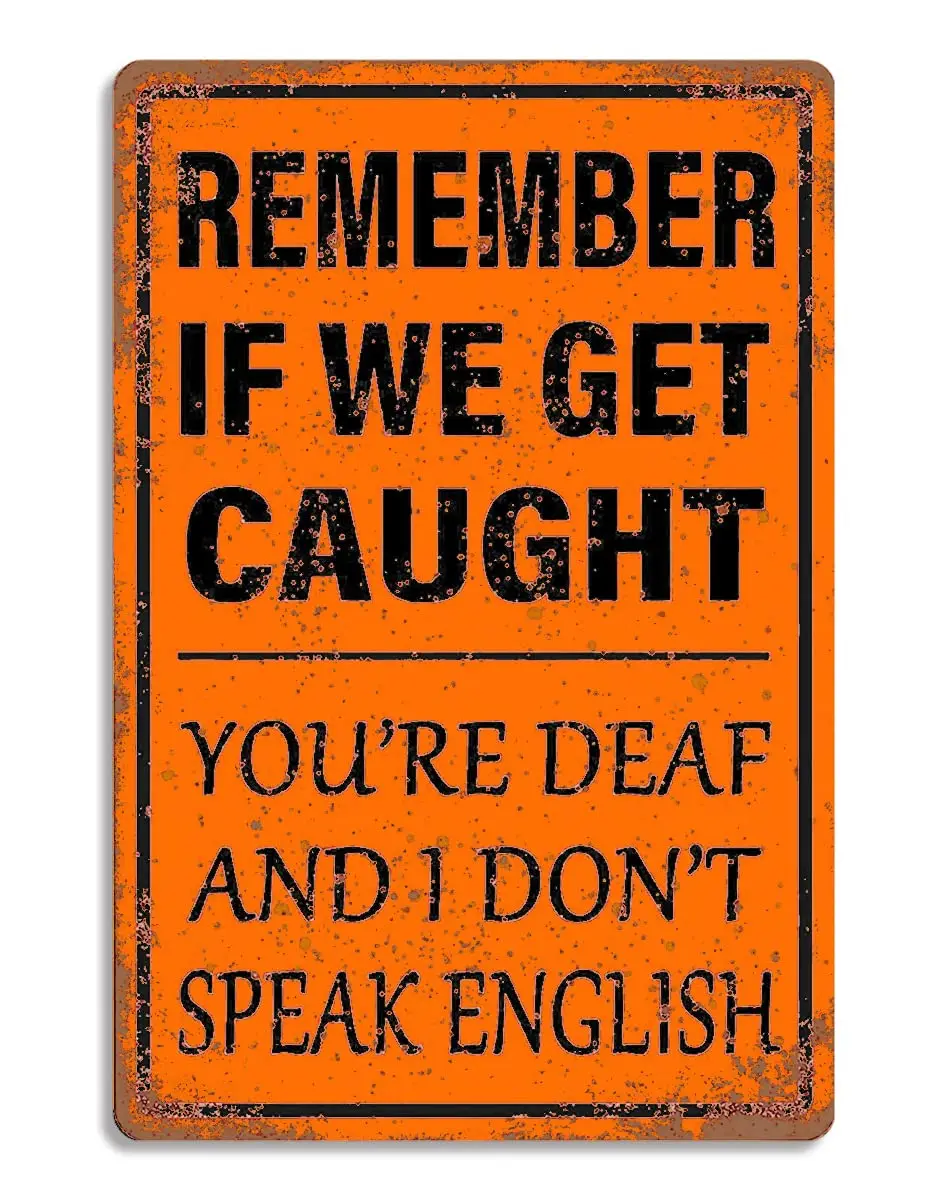 Funny Garage Sign Humor Man Cave Bar Art Decorations, Remember If We Get Caught You're Deaf And I Don't Speak English, V