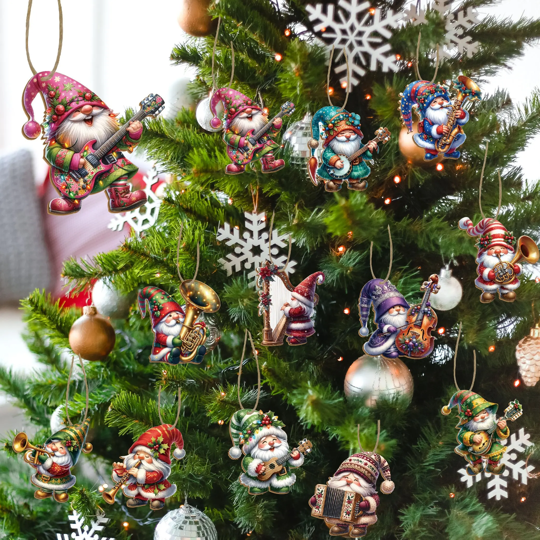 Musical Instrument Xmas Ornaments - 12Pcs Wooden Christmas Gnome Hanging Ornaments
