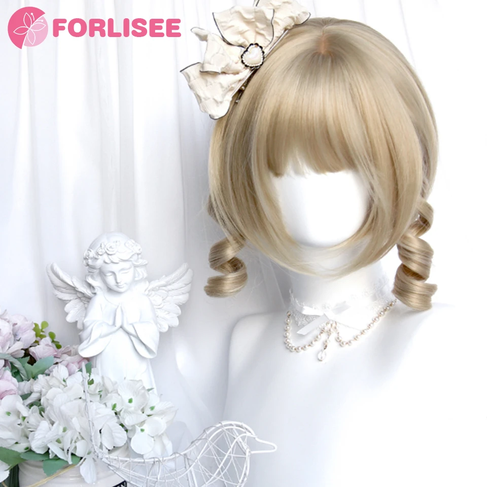 FORLISEE Synthetic Beige Gold Elegant Retro Roman Roll Double Ponytail Heat-resistant Fiber Women\'s Lolita Tiger Mouth Clip Wig