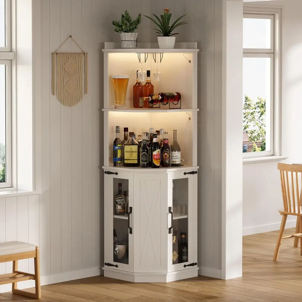 

67.3 Tall Armhouse Wine Cabinet with Barn Door, Power Outlet, Acrylic Mirror & Glass Rack for Home Bar or Dining Area in White
