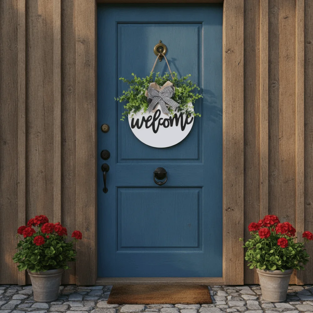 Garlands 30cm 11.81in Wooden Welcome Sign Artificial Plant Bowknot Door Wreath Welcome/Hello Round Shape Wall Art Front Door