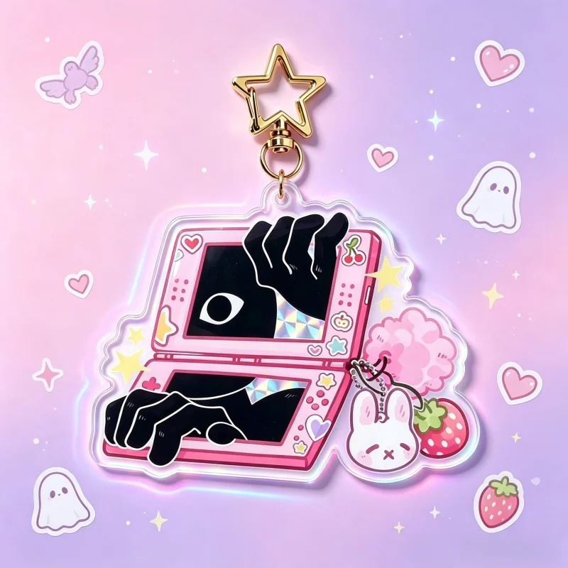 Pink Flip Game Console Creepy Ghost Acrylic Keychain Weirdcore Pastel Goth Bunny Strawberry Dangle Bag Charm Y2K Spooky Pendant