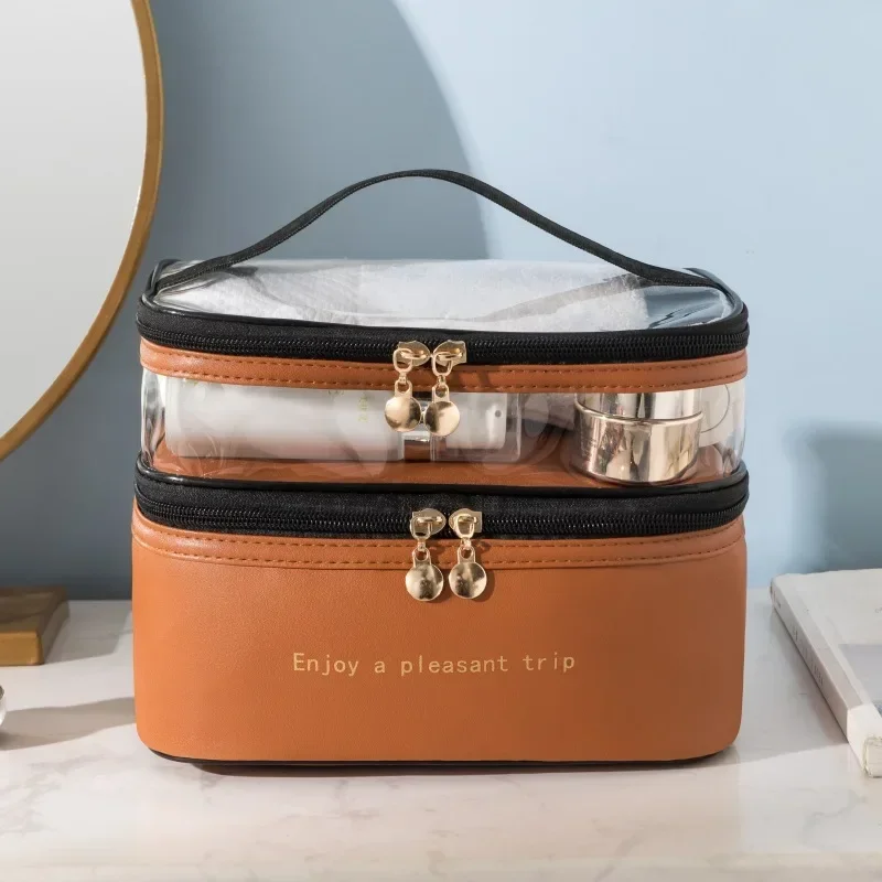 Double-Layer Cosmetic Bag Solid Color Pu Transparent Wash Portable Ins Fashion Waterproof Travel Portable LargeStorage Bag