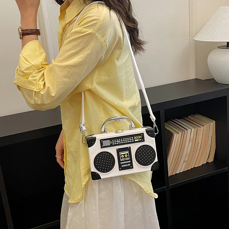 Novelty Boombox Design Mini Box Handbag Retro Radio Shape Hard Case Crossbody Bags Detachable Strap Funny Unique Shoulder Purse