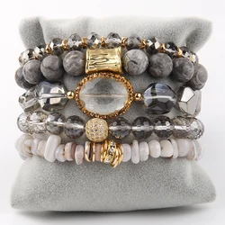 RH Fashion Bohemia Jewelry Natural Stone Beaded and Crystal Charm 5pc Stack Bracelets Set For Women Gift