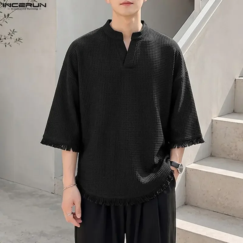 INCERUN Men's Shirt Tassel Solid V Neck Half Sleeve Tops Men Clothes Summer Loose Korean Style Casual Shirts For Man Harajuku