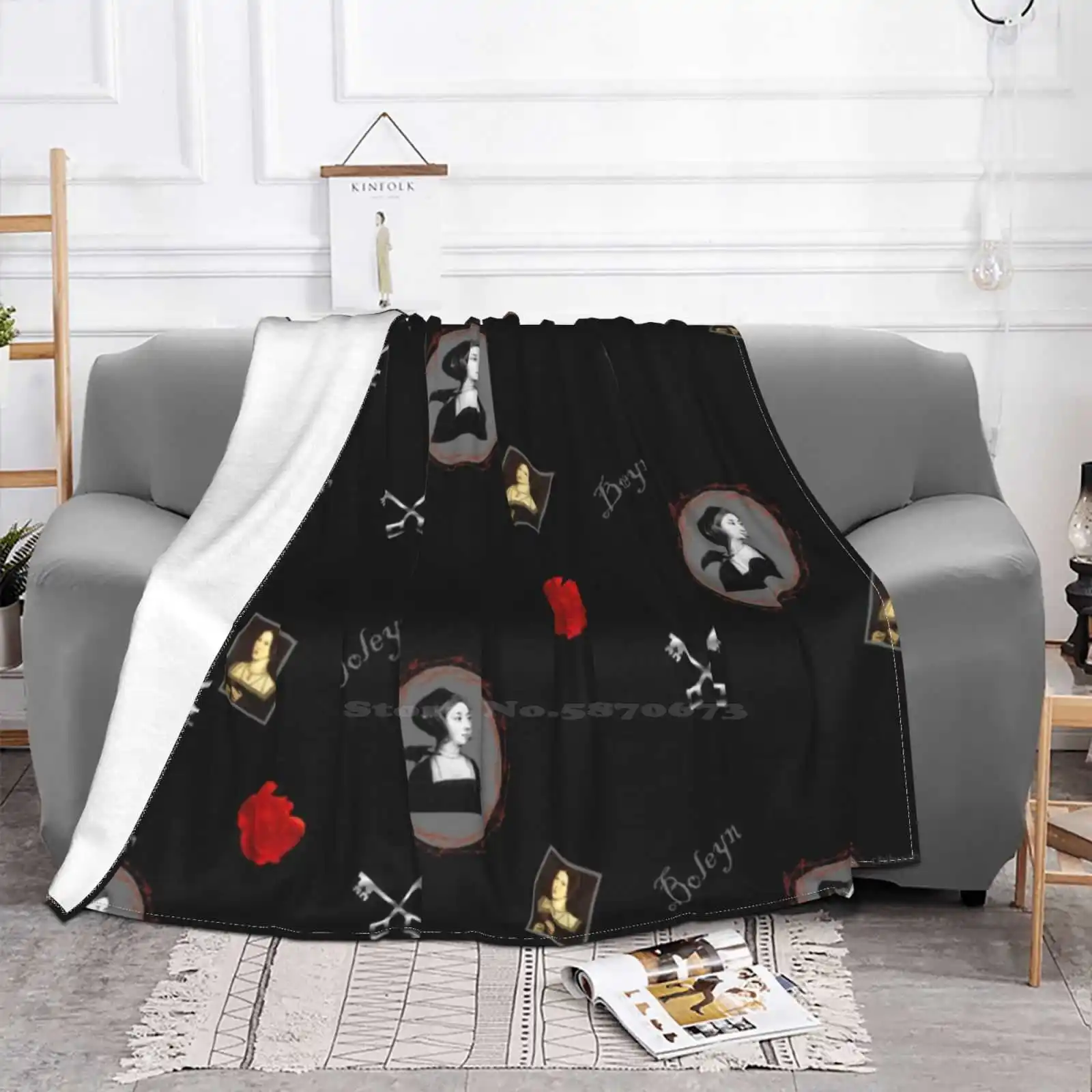 Anne Boleyn Print Black And Red Creative Design Comfortable Warm Flannel Blanket Anne Boleyn Pattern Raven Barbed Wire Red Rose