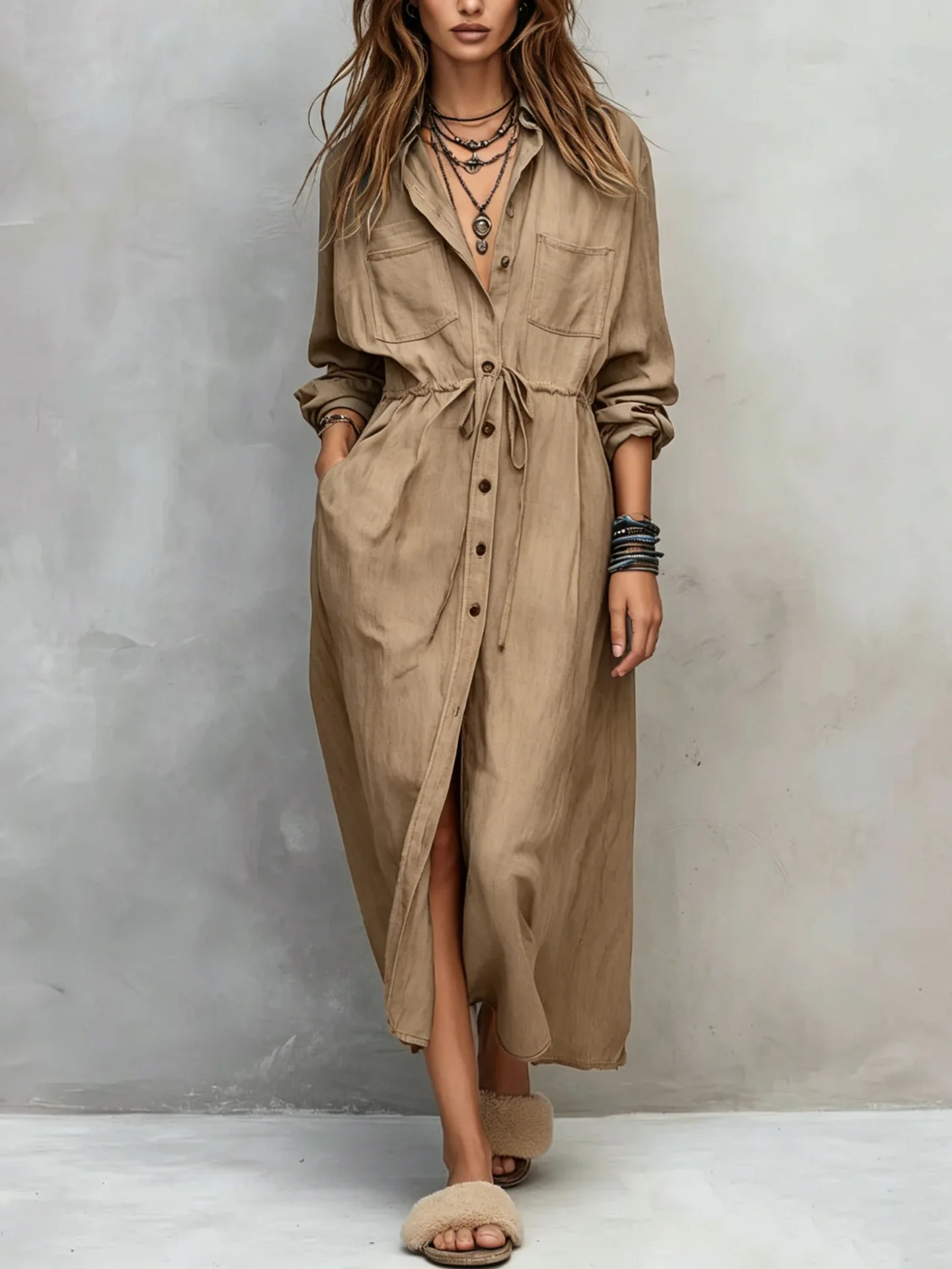 New Autumn Long Dress Long Sleeve Shirt Dress Women Faux Denim Pocket Button Drawstring Waist Split Dress Casual Loose Dresses