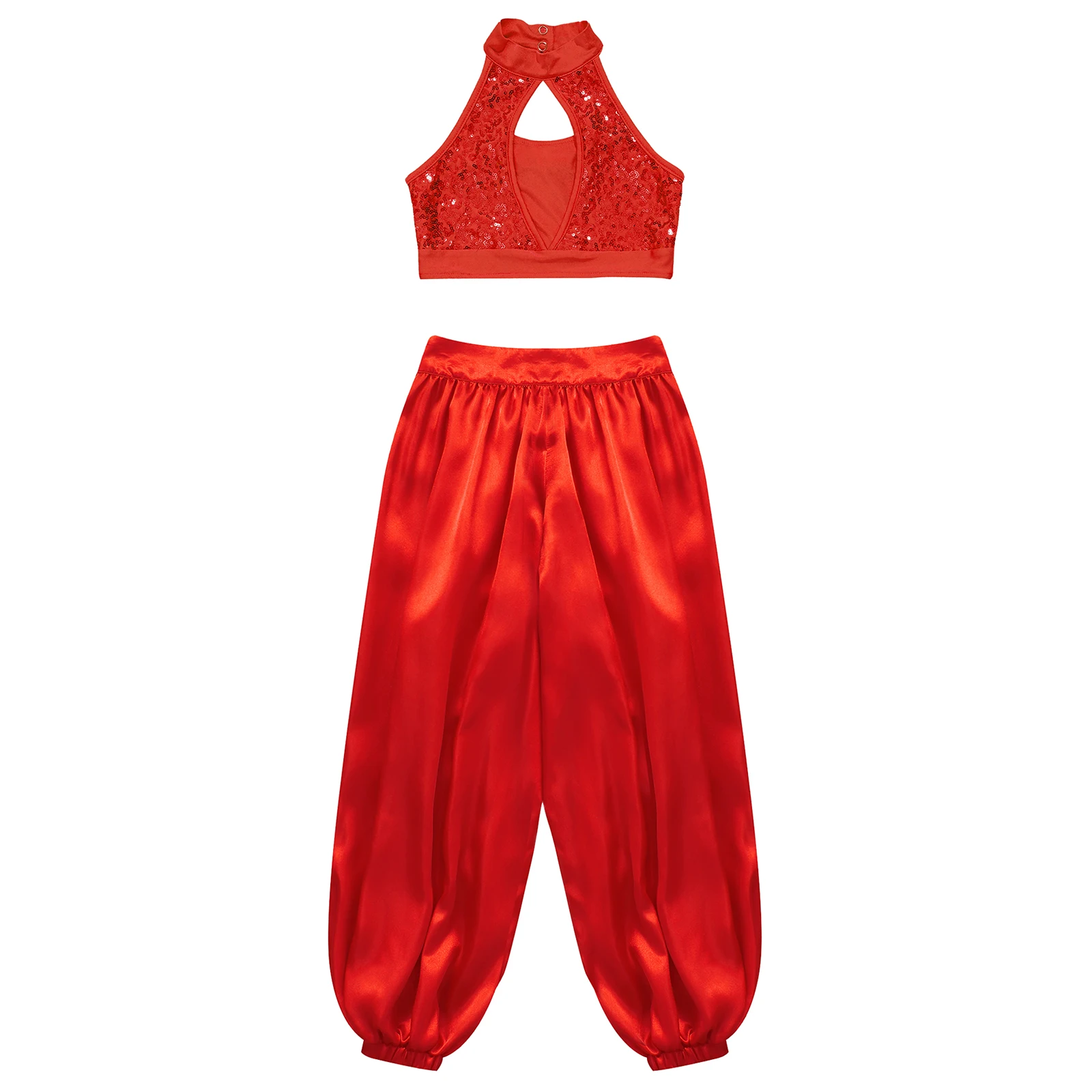 

Kids Girls Belly Dance Outfits Sequin Ruffle Crop Top+Wide-Leg Satin Bloomers Pants for Tribal Arabic Halloween Carnival Costume