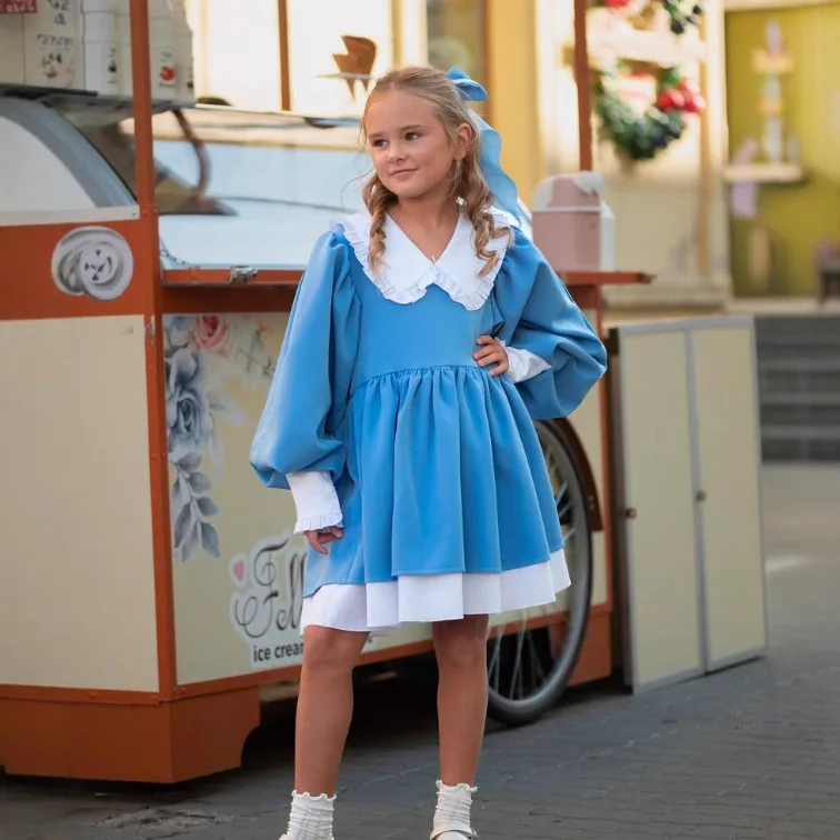 

2025 Russian Girls Spring and Autumn Silk Satin French JK Skirt Court Style Color Blocked Children Ruffle Edge Dress