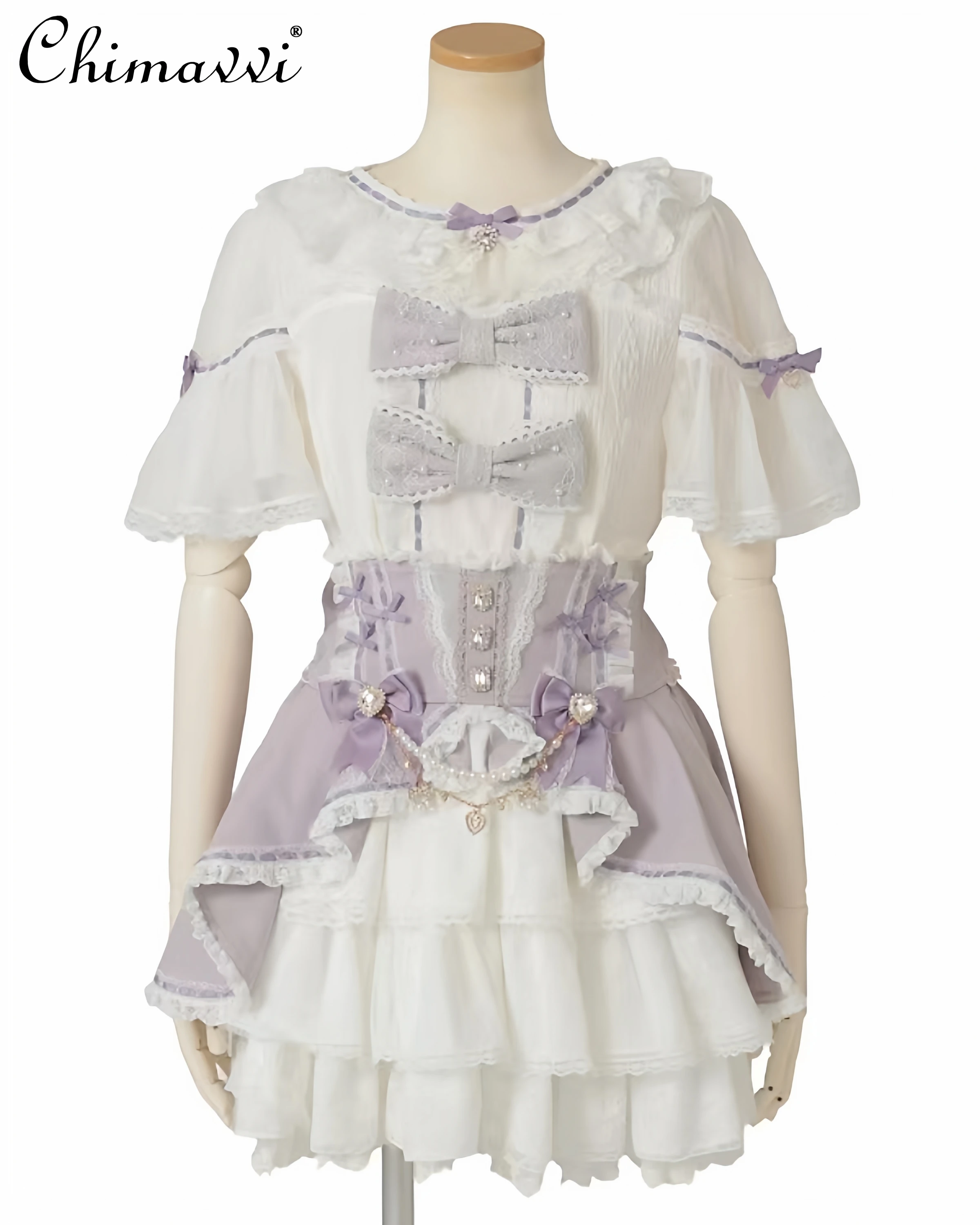 

Japanese Liz Cute Diamond Button Bowknot Pearl Beaded Sweet Shirt New Autumn Kawaii Short Sleeve Slim Fit Shirt Lolita Top