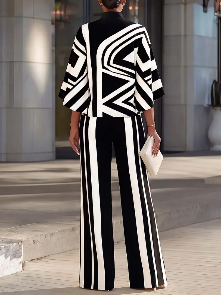 Yeezzi Women's Elegant Casual Office Suit Black White Stripe High Neck Tops & High Waist Split Hem Wide Leg Pants 2 Piece Sets