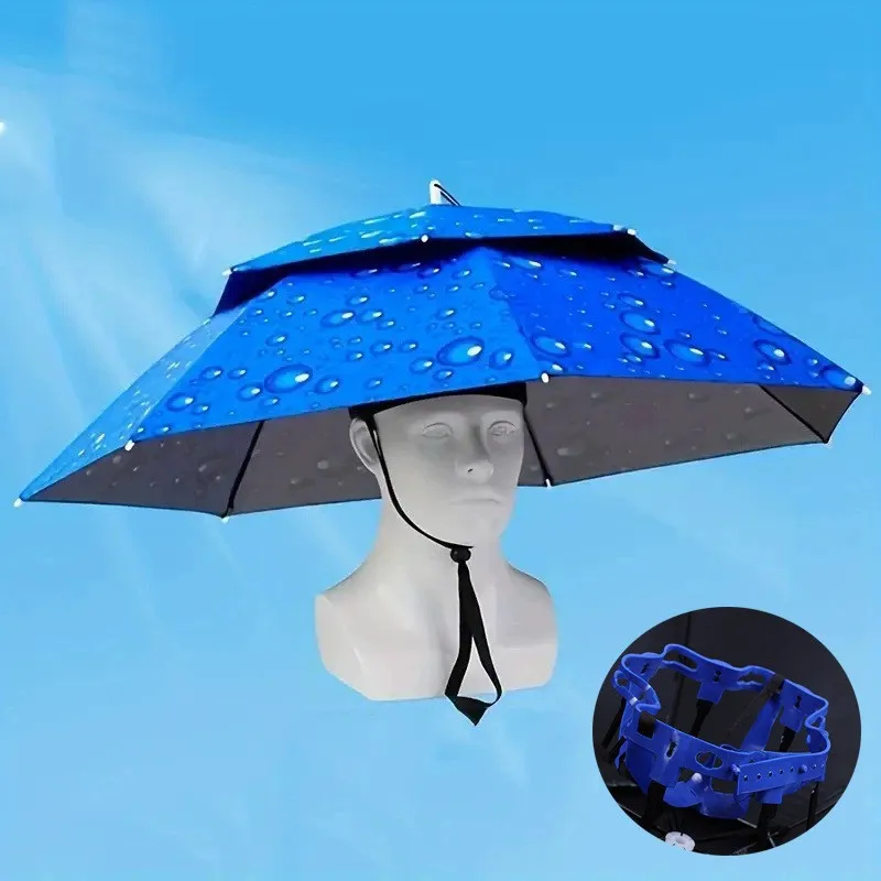 Hands Free Fishing Umbrella Hat Double Layer Foldable Head Sun Hat Adjustable Outdoor Sunshade for Fishing