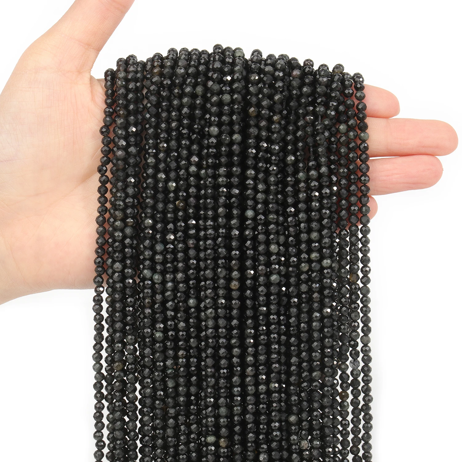 Großhandel Facettierte 2 3 4mm Naturstein Silberfarbene Obsidian-Perlen Runde Kleine Lose Perlen für Schmuckherstellung DIY Armbänder – Detail 4