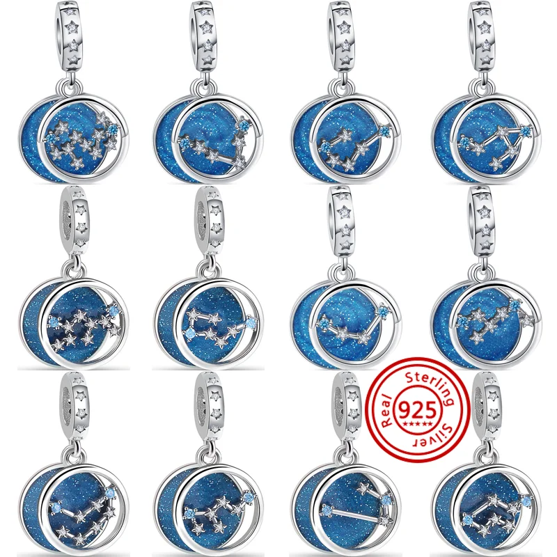 

New 925 Silver Blue Starry Sky 12 Constellation Series Star Pendant Fashion Bead Fit Original Pandora Charm Bracelet DIY Jewelry