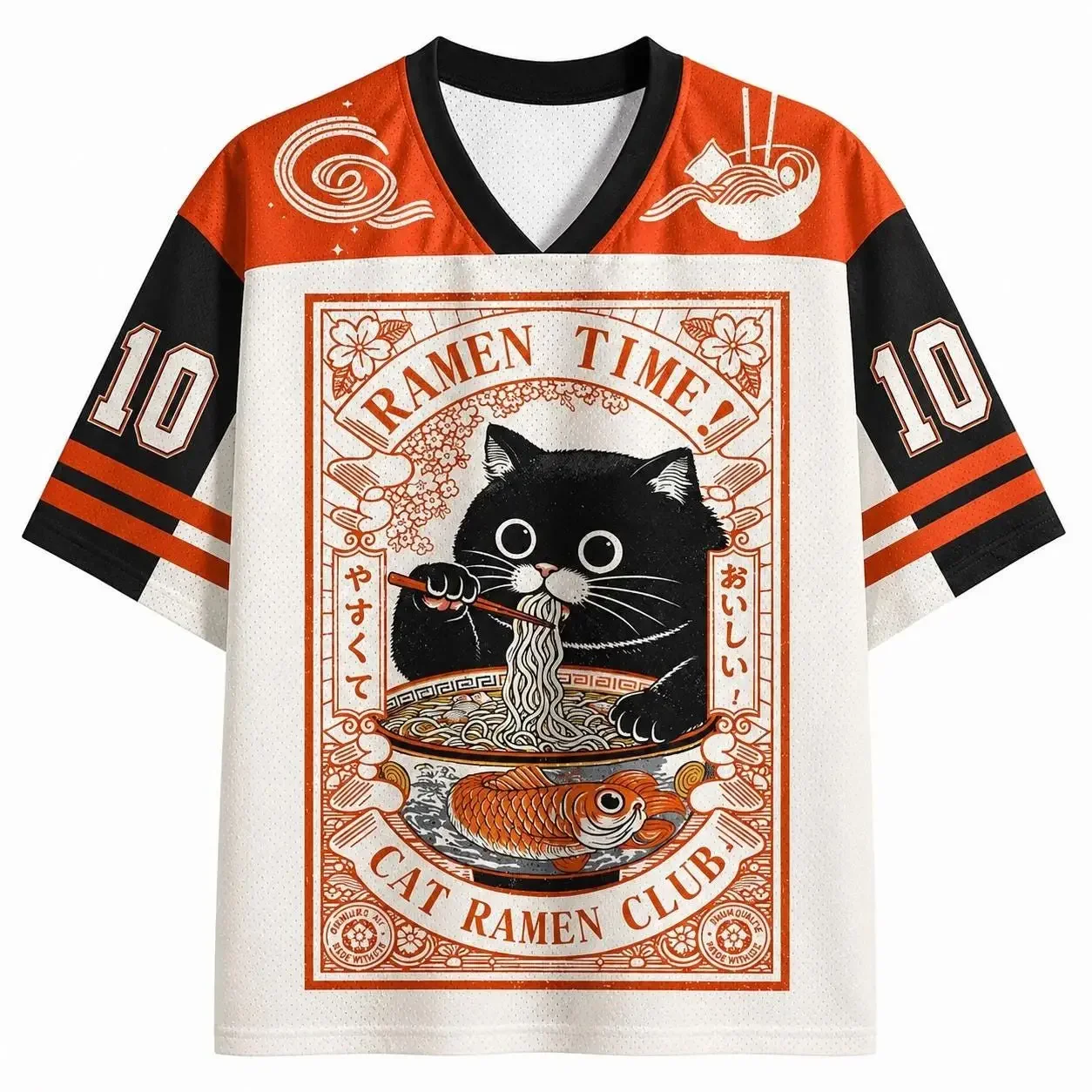 Japanese Ramen Cat Graphic V Neck Jersey T Shirt Unisex Retro Ukiyo-e Style Short Sleeve Streetwear Casual Loose Tee Kawai