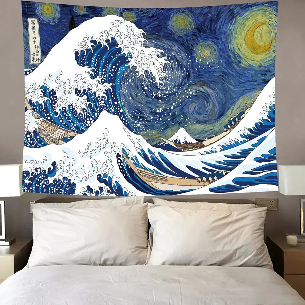 VIKAMA Mount Fuji Wandteppich Japan, bedruckter Wandteppich, tolle Welle vor Kanagawa, Wand, Sofa, Schlafzimmer-Festliche Dekorationen