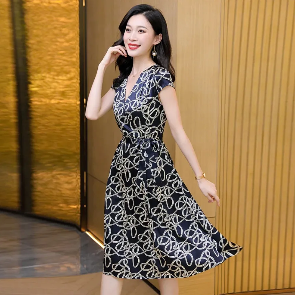 Women's Fashion Spring/Summer Clothing 89% Natural Mulberry Silk Elastic Satin Exquisite Temperament Waist-cinching Print Dress